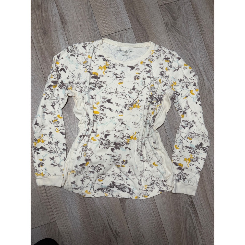 Eddie Bauer Womens Small Floral Waffle Knit Thermal Long Sleeve Top Cream Cotton